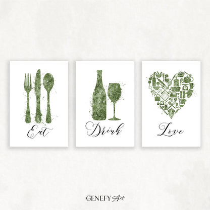 Sage Green Kitchen Watercolour Print Set of 3
