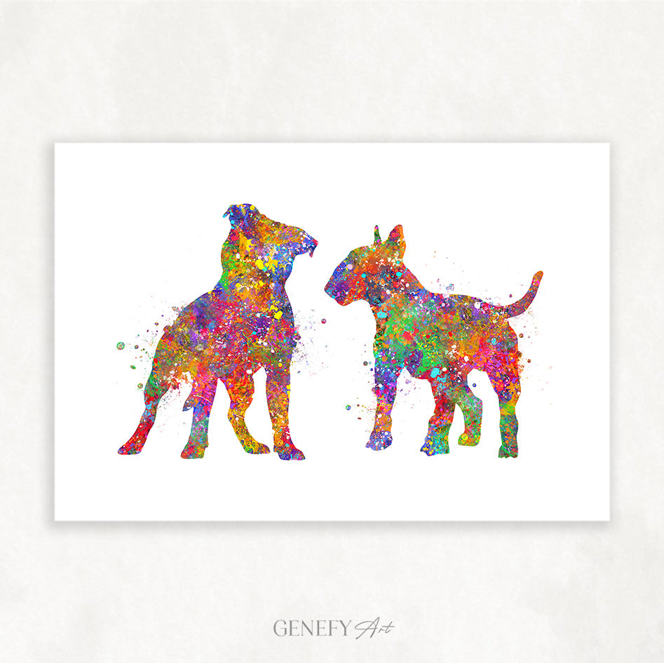 Staffordshire Bull Terrier and Bull Terrier Watercolour Art Print
