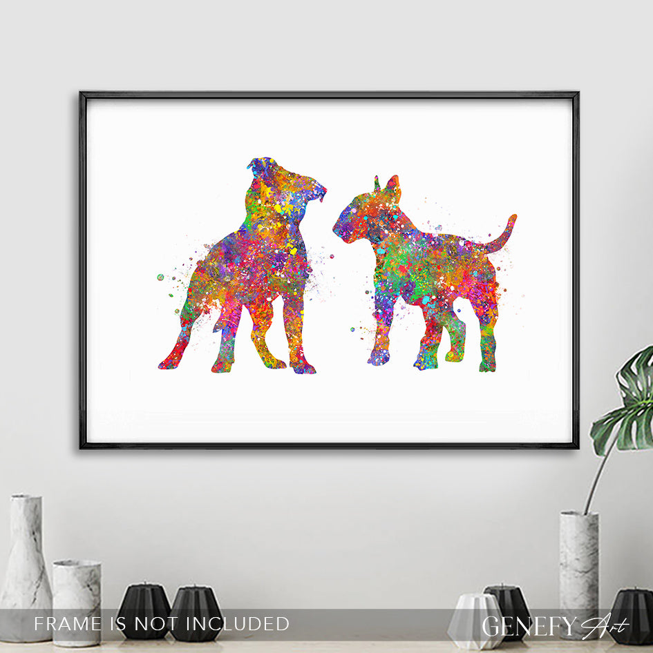 Staffordshire Bull Terrier and Bull Terrier Watercolour Art Print