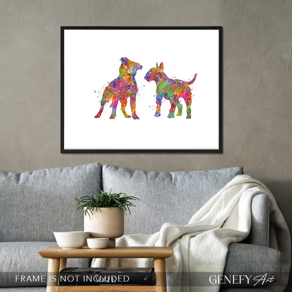 Staffordshire Bull Terrier and Bull Terrier Watercolour Art Print