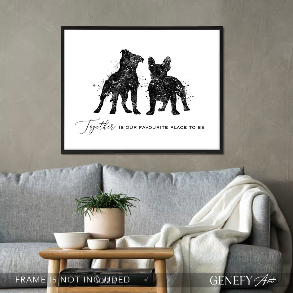 Staffordshire Bull Terrier and French Bulldog Black and White Art
