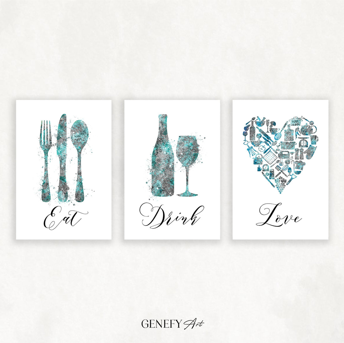 Teal and Grey Kitchen Wall Art - Set of 3