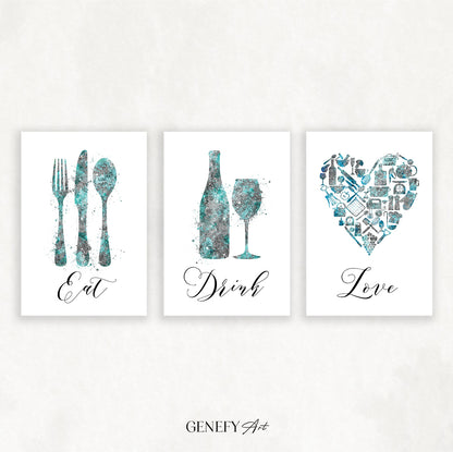 Teal and Grey Kitchen Wall Art - Set of 3