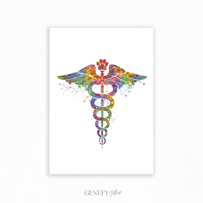 Veterinary Caduceus Medical Symbol Watercolour Print