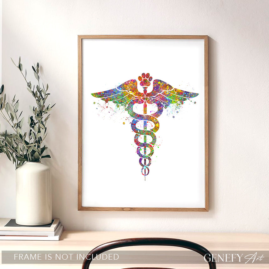 Veterinary Caduceus Medical Symbol Watercolour Print