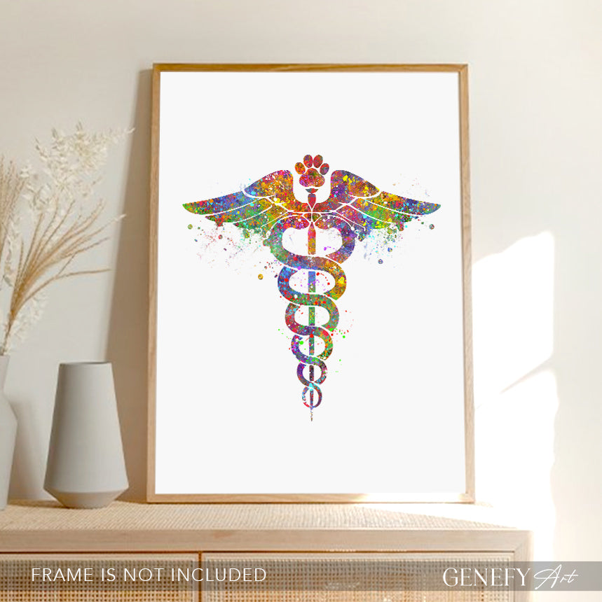 Veterinary Caduceus Medical Symbol Watercolour Print