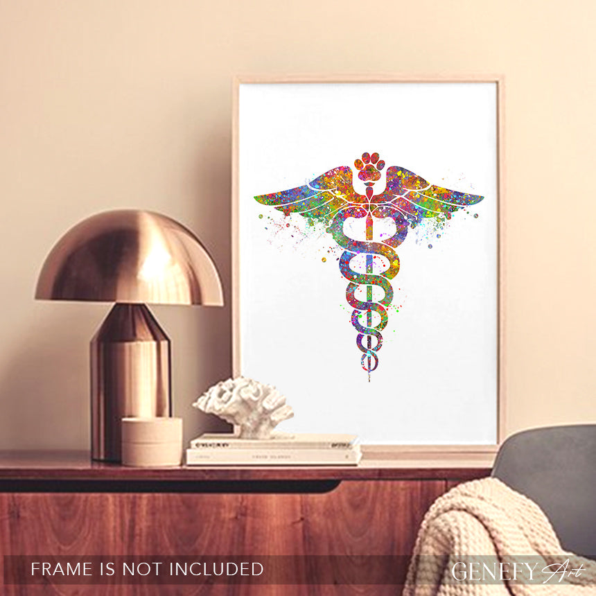 Veterinary Caduceus Medical Symbol Watercolour Print