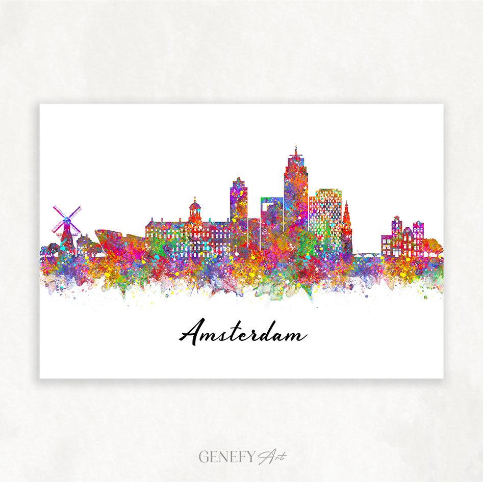 Amsterdam Skyline Watercolour Art Print - Genefy Art