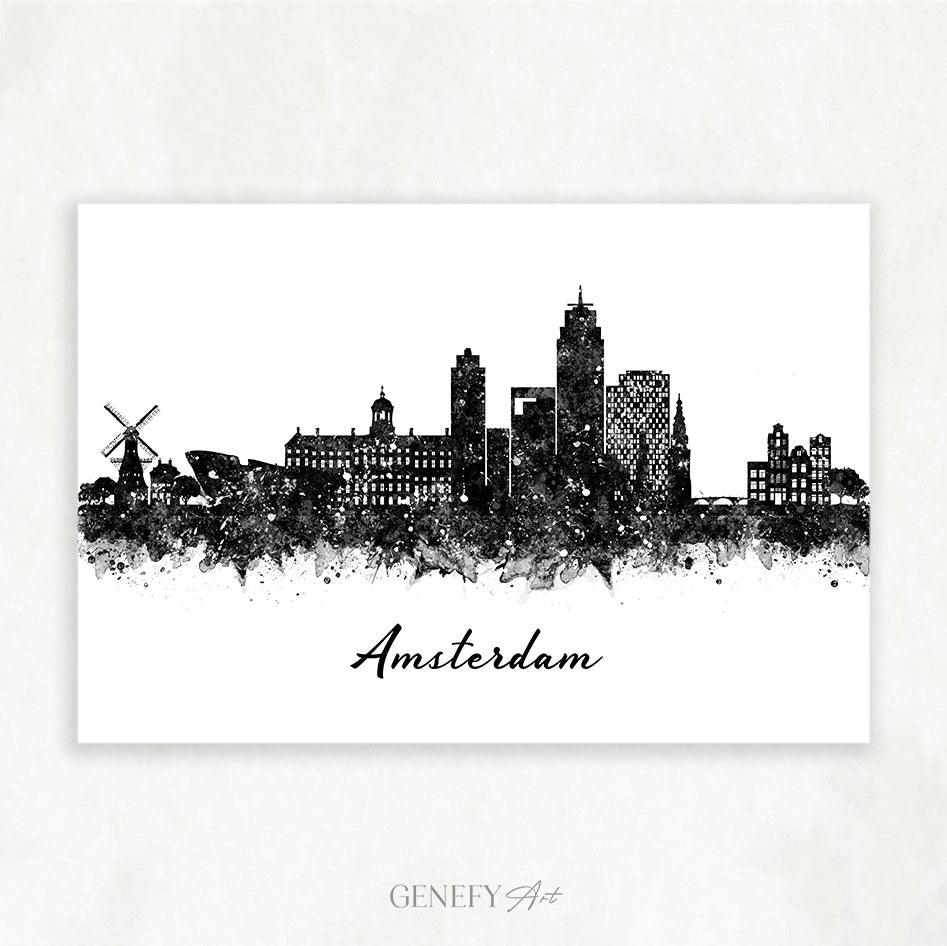 Amsterdam Skyline Black and White Watercolour Art Print
