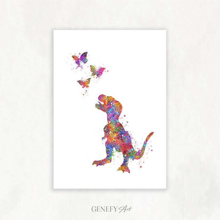 Baby Dinosaur T-Rex and Butterflies Watercolour Print - Genefy Art
