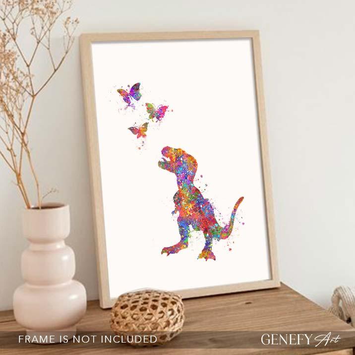 Baby Dinosaur T-Rex and Butterflies Watercolour Print - Genefy Art
