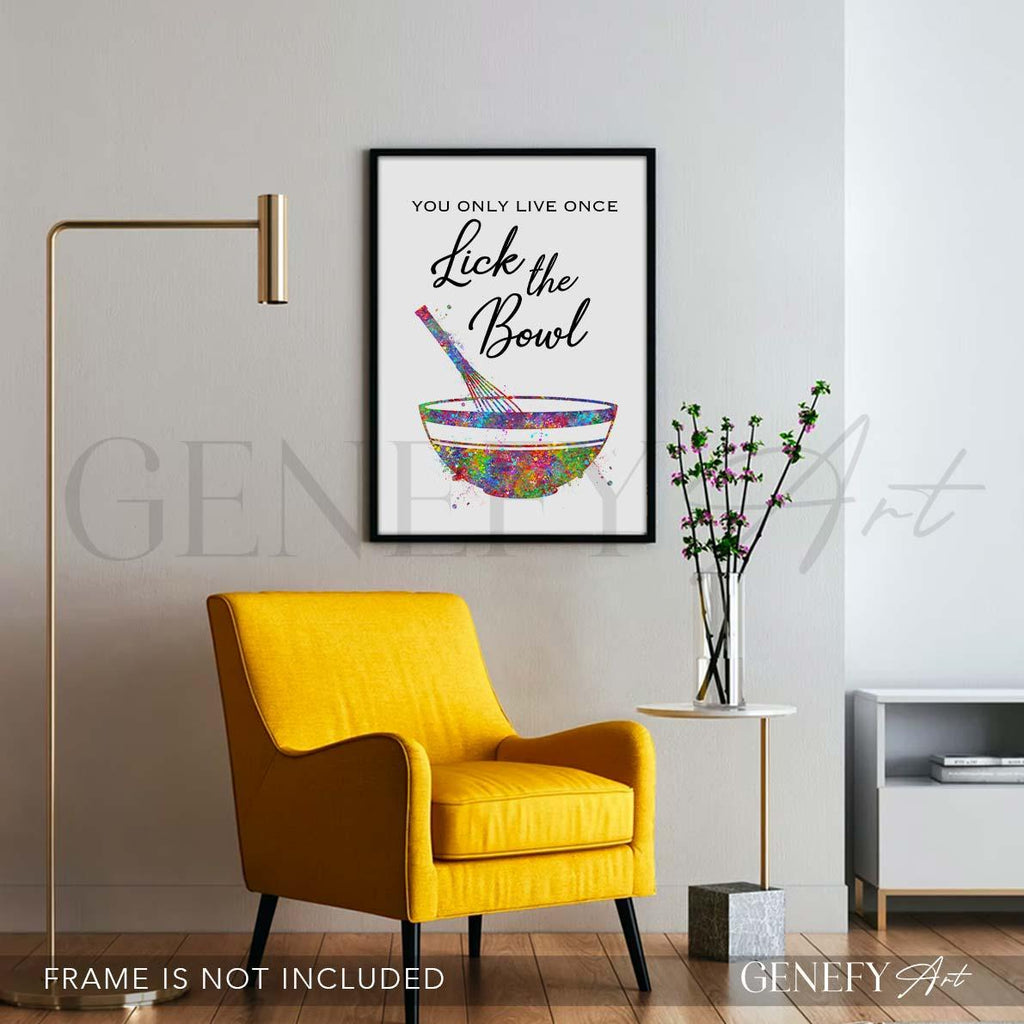 Baking Quote Watercolour Print - You only live once lick the bowl - Genefy Art