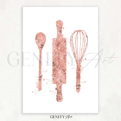 Pink Baking Utensils Watercolour Kitchen Print