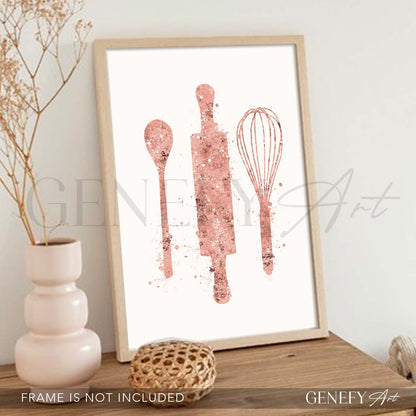 Pink Baking Utensils Watercolour Kitchen Print