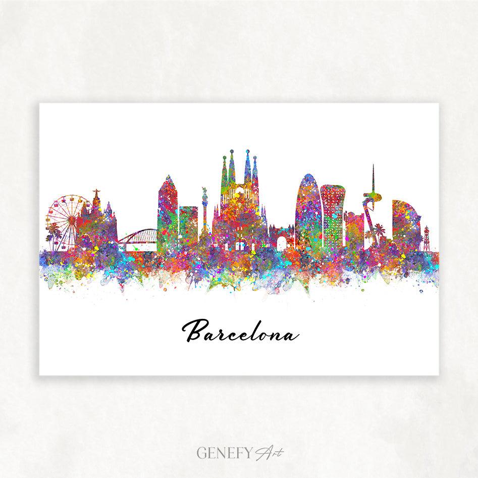 Barcelona Skyline Watercolour Art Print - Genefy Art