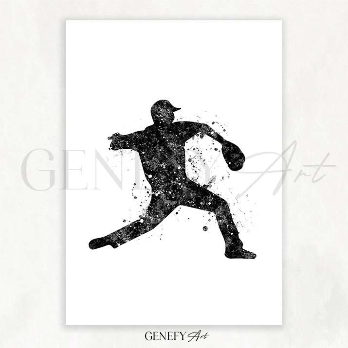 Baseball Player Black and White Watercolour Print - Genefy Art