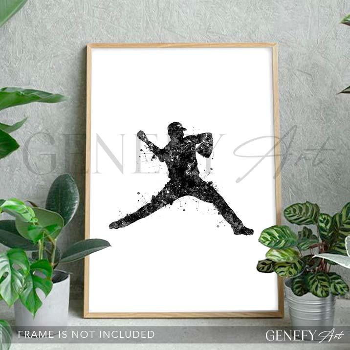 Baseball Player Black and White Watercolour Print - Genefy Art
