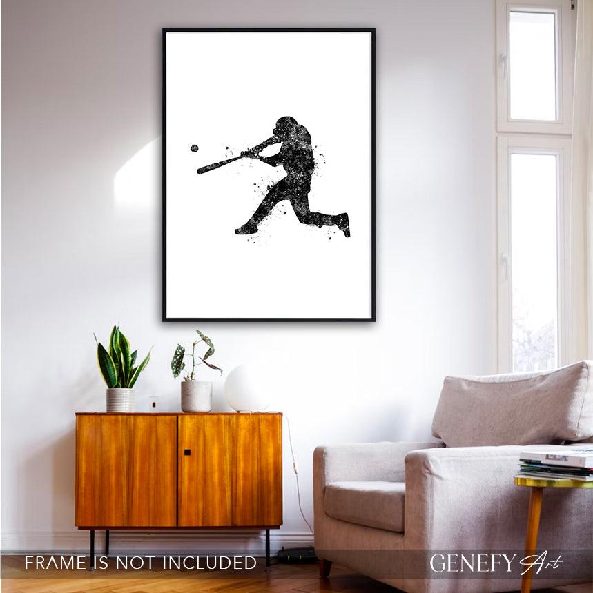Baseball Player Black and White Watercolour Print - Genefy Art
