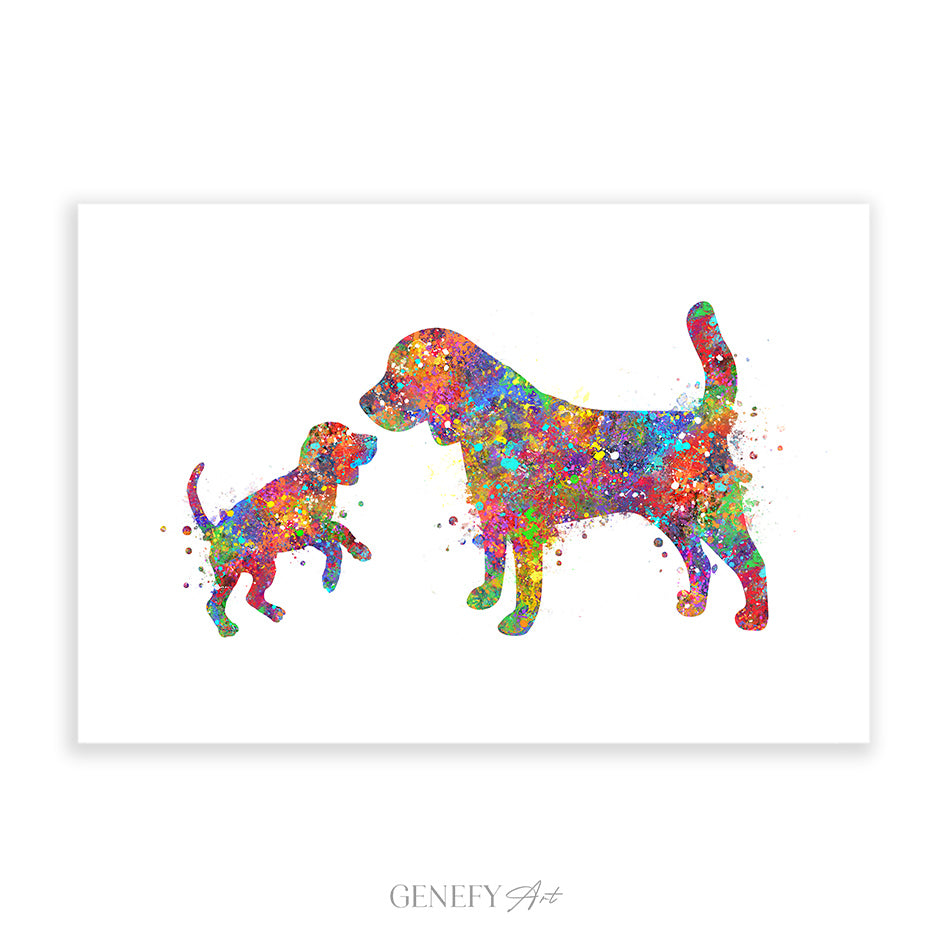 Beagle Mother and Puppy Watercolour Print