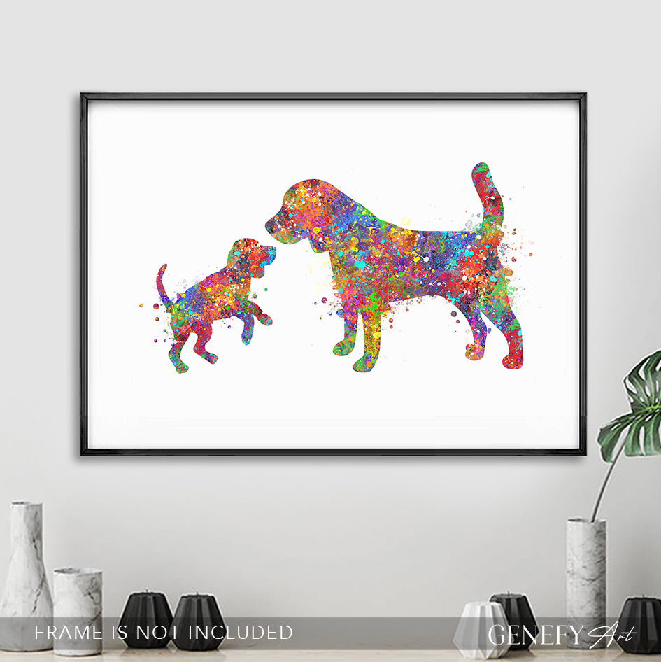 Beagle Mother and Puppy Watercolour Print