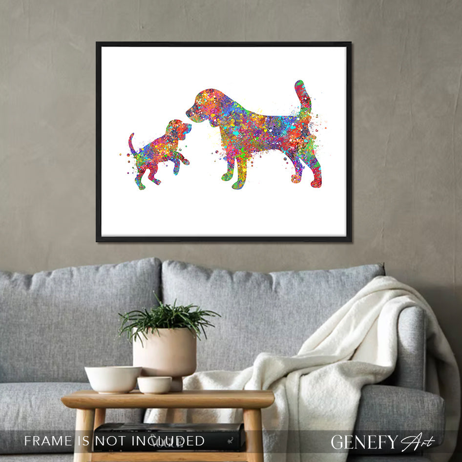Beagle Mother and Puppy Watercolour Print