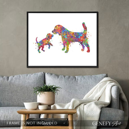 Beagle Mother and Puppy Watercolour Print