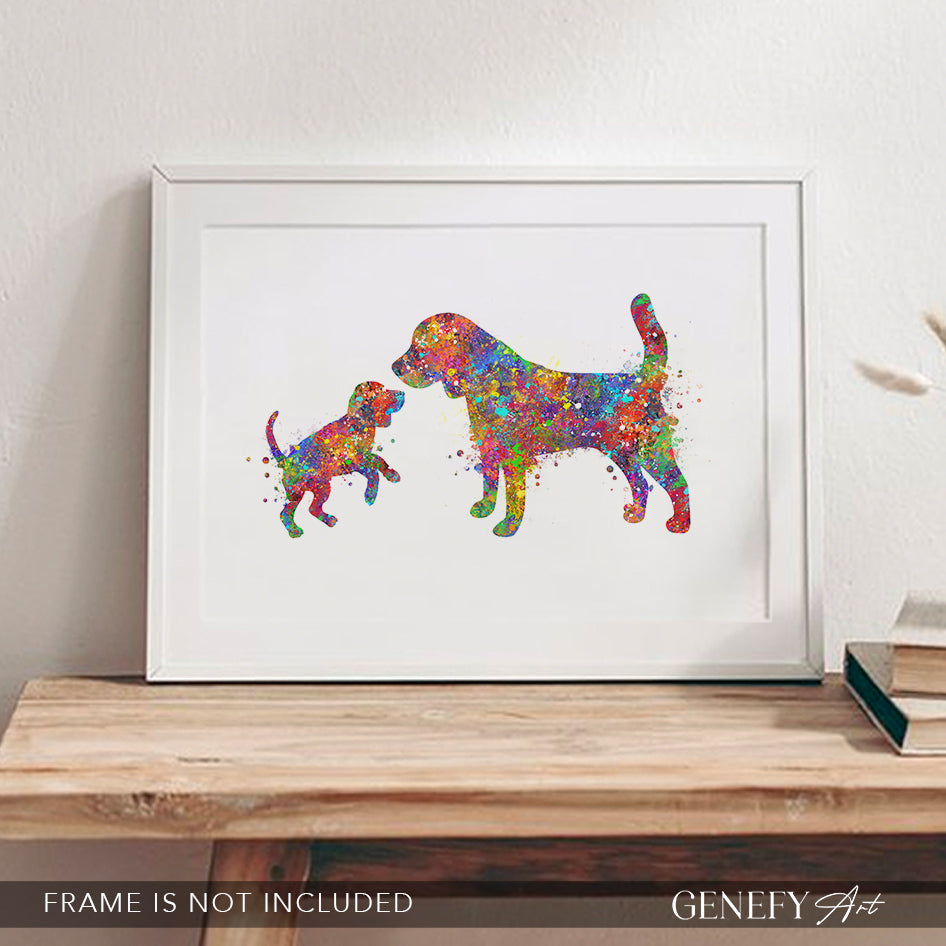 Beagle Mother and Puppy Watercolour Print