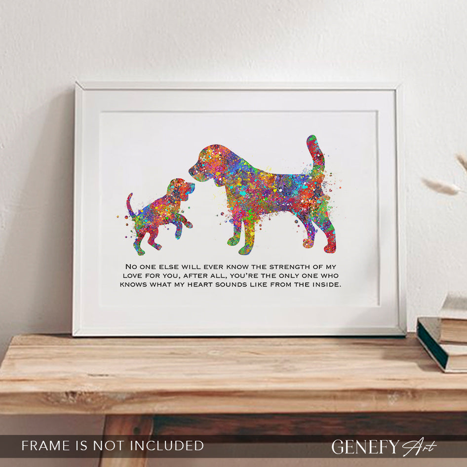 Beagle Mother and Puppy Love Quote Watercolour Print