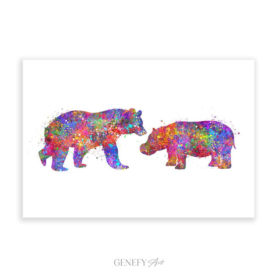 Bear and Hippo Watercolour Print - Genefy Art