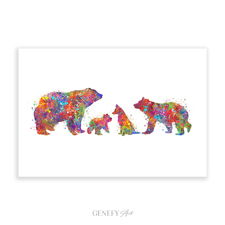Bear Family with Fox Watercolour Print