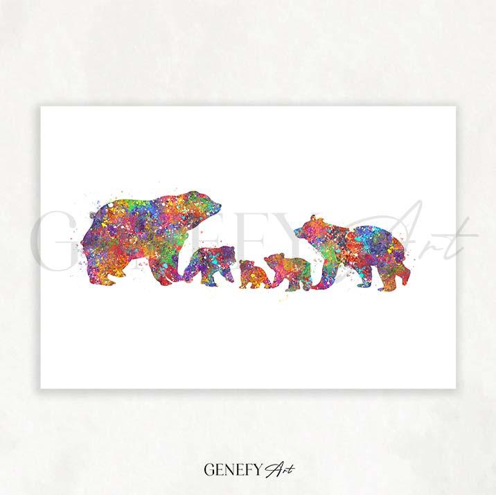 Bear Family of 5 Watercolour Print - Genefy Art