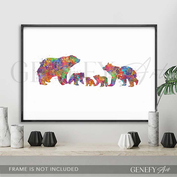 Bear Family of 5 Watercolour Print - Genefy Art