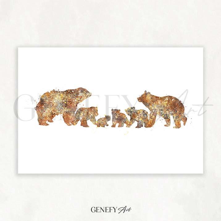 Bear Family of 6 Watercolour Print - Genefy Art