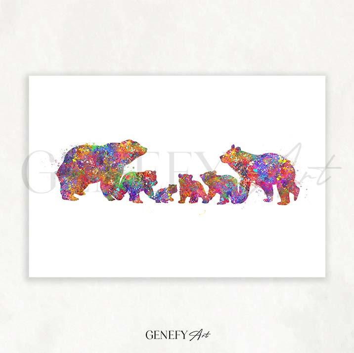 Bear Family of 6 Watercolour Print - Genefy Art