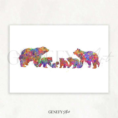 Bear Family of 6 Watercolour Print - Genefy Art