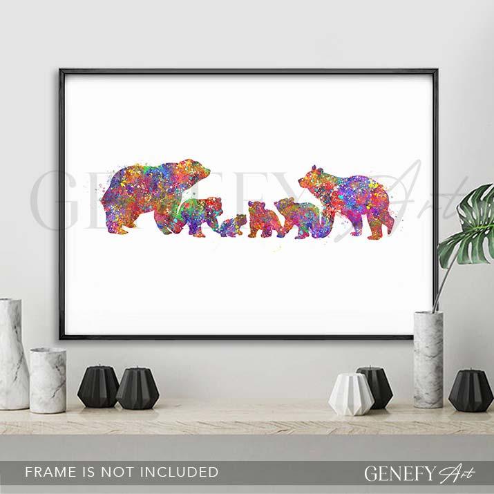 Bear Family of 6 Watercolour Print - Genefy Art