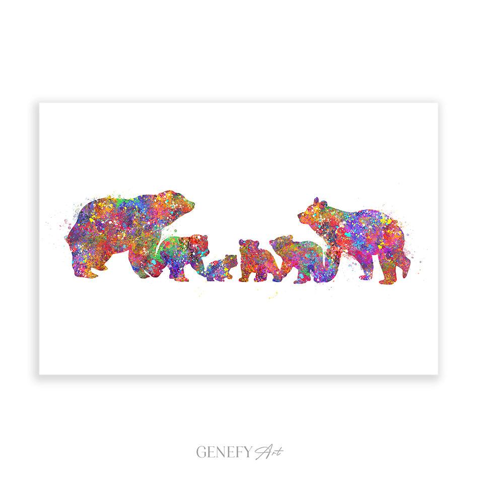 Bear Family of 6 Watercolour Art Print - Genefy Art