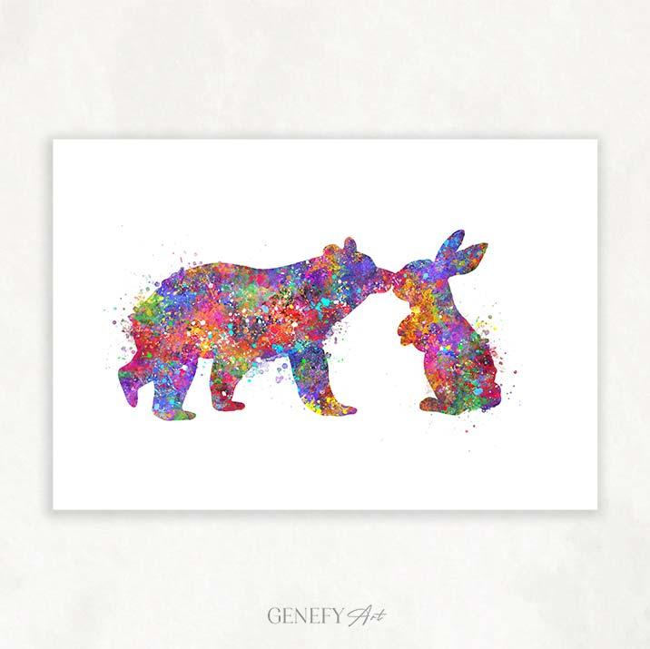 Bear and Bunny Kissing Watercolour Print - Genefy Art