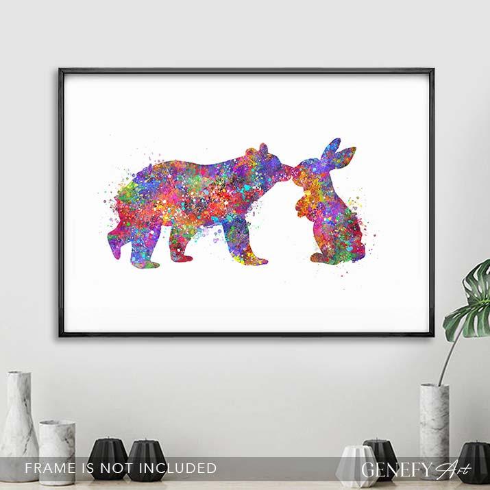 Bear and Bunny Kissing Watercolour Print - Genefy Art