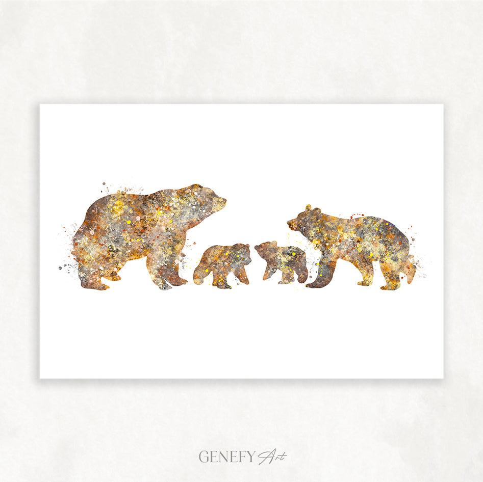 Bear Family of 4 Watercolour Art Print - Genefy Art