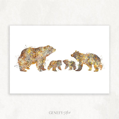 Bear Family of 4 Watercolour Art Print - Genefy Art
