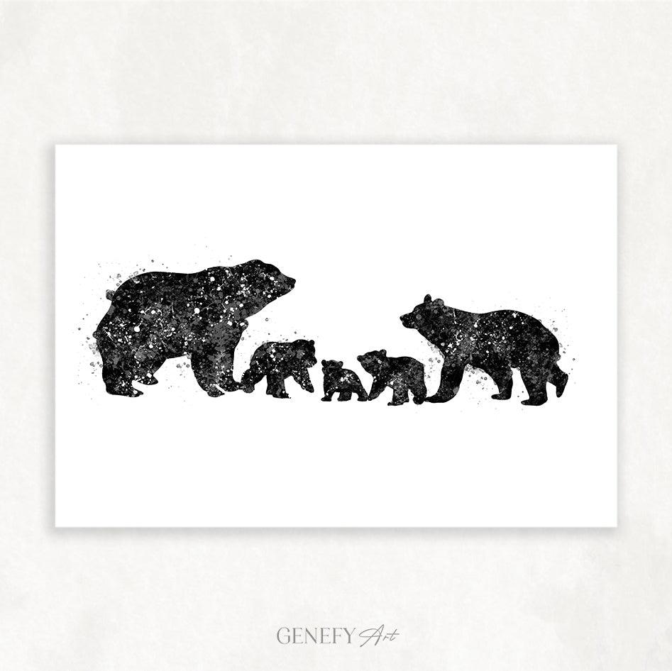Bear Family of 5 Black and White Watercolour Print - Genefy Art