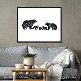 Bear Family of 5 Black and White Watercolour Print - Genefy Art