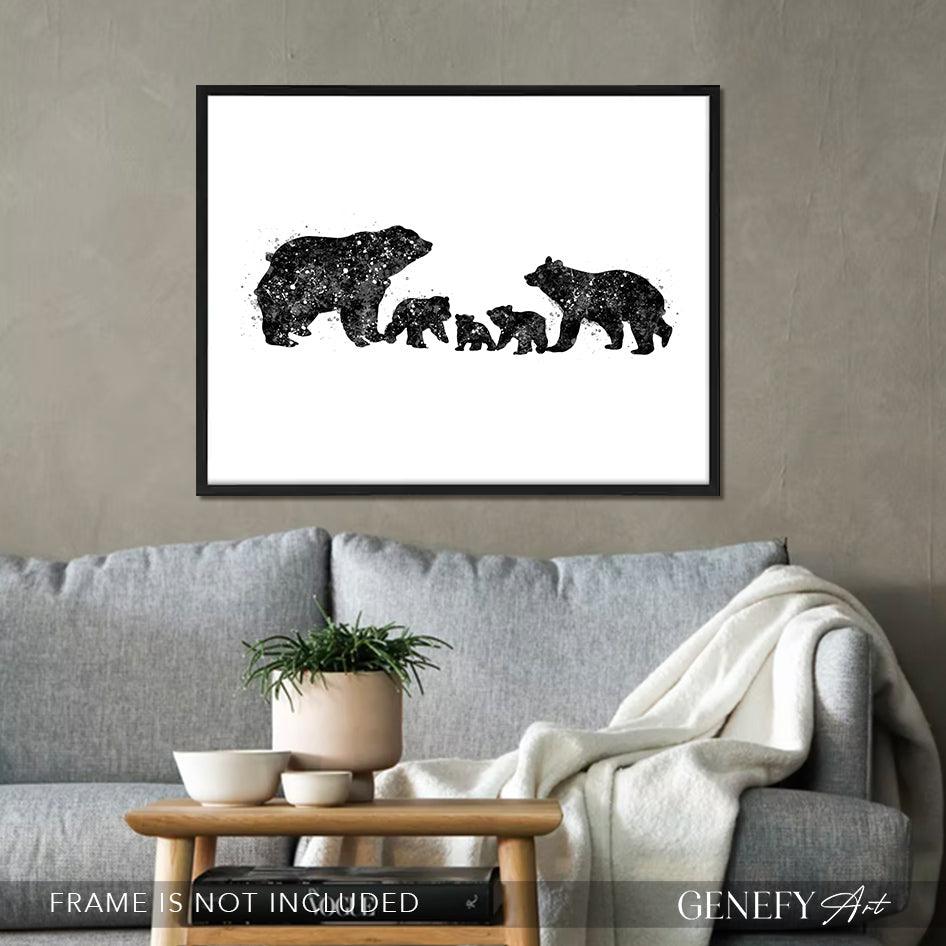 Bear Family of 5 Black and White Watercolour Print - Genefy Art