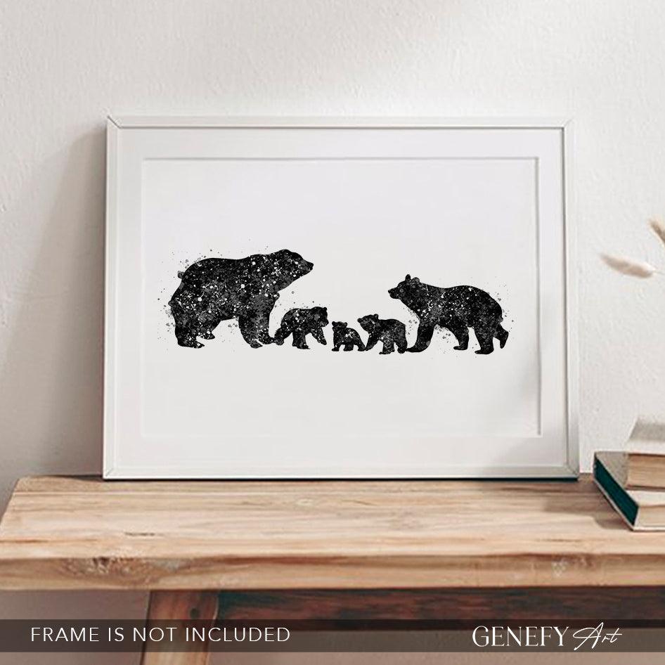 Bear Family of 5 Black and White Watercolour Print - Genefy Art