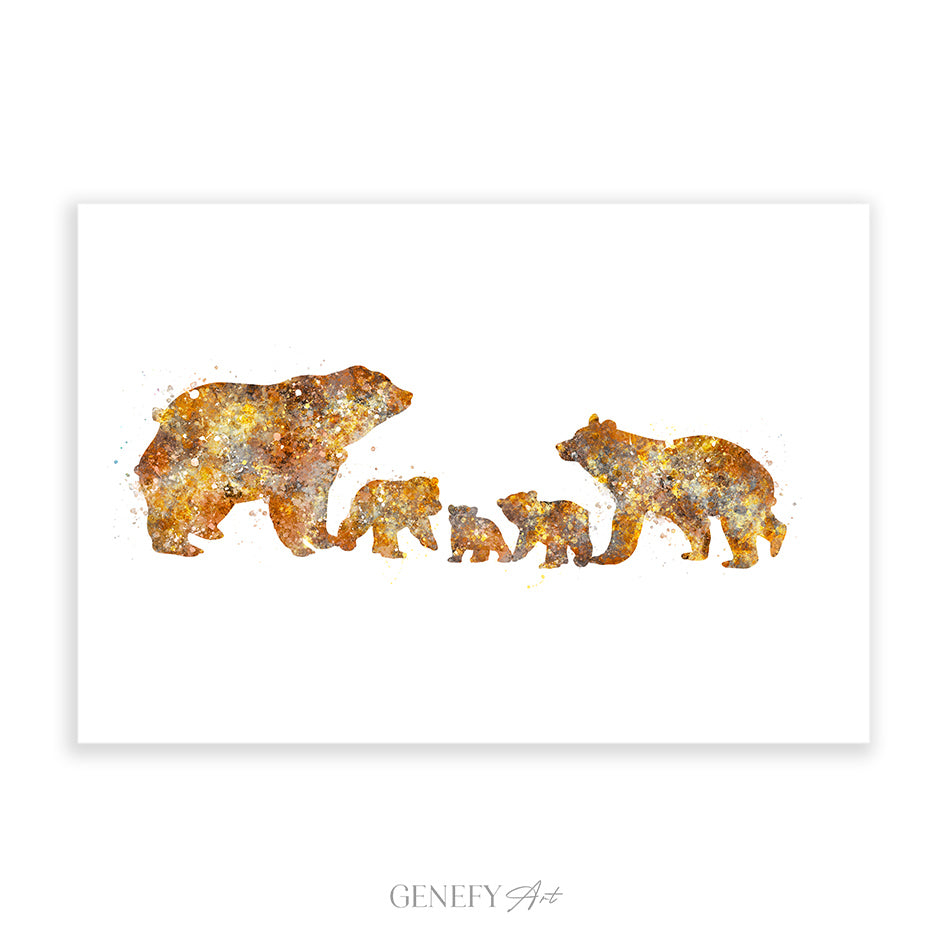 Bear Family of 5 Watercolour Print