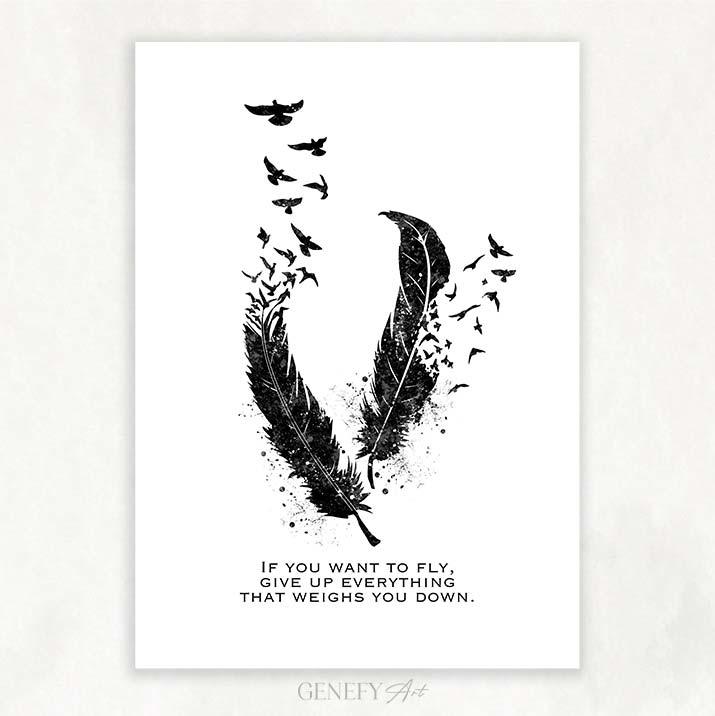 Birds Feather Motivational Quote Watercolour Print - Genefy Art