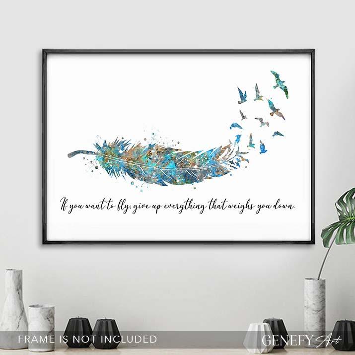 Birds Feather Quote Teal Watercolour Print - Genefy Art