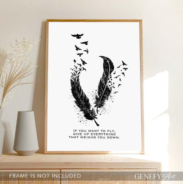 Birds Feather Motivational Quote Watercolour Print - Genefy Art