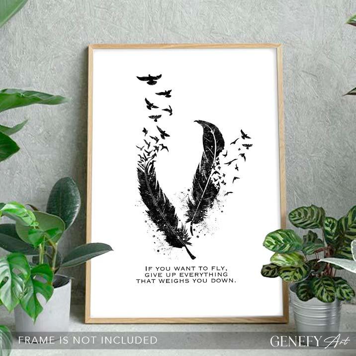 Birds Feather Motivational Quote Watercolour Print - Genefy Art
